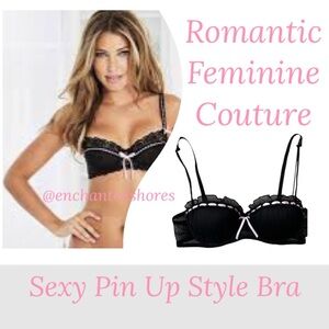 Sweetheart Couture Pin Up Bra Black Lace Sexy Romantic Pink Satin Bow Size 34B
